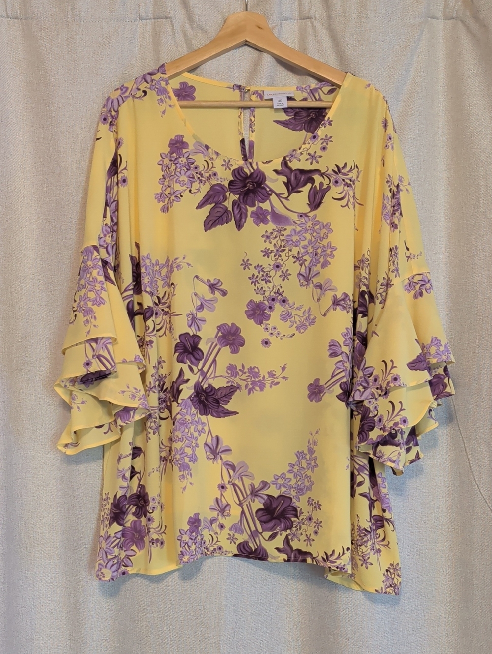 Liz Claiborne Yellow Tunic with Purple Floral Ruffle Sleeves